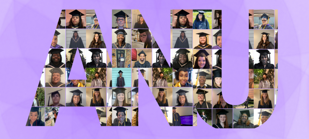 The letters ANU filled with portrait photos of American National University graduates in caps and gowns